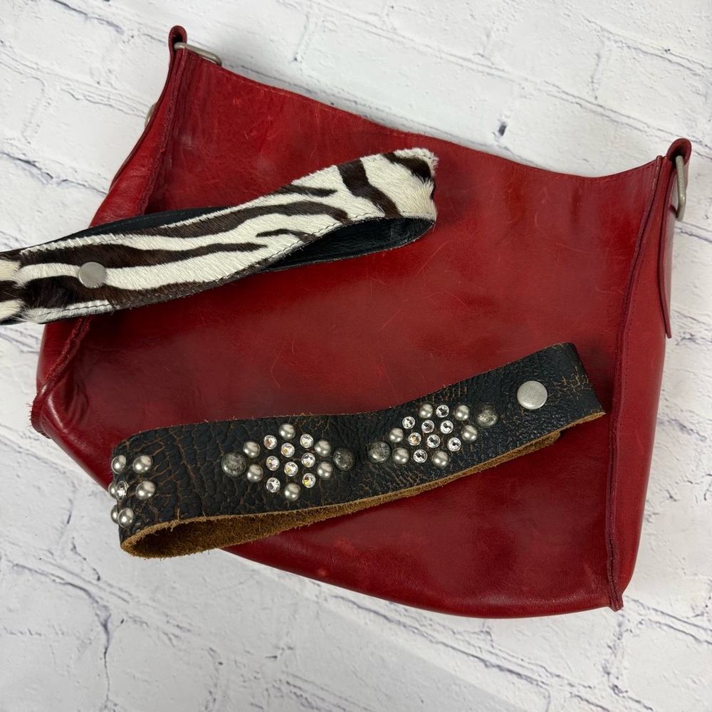 Two Bar West Red Leather Bag + 2 Straps Studded & Zebra Calfhair